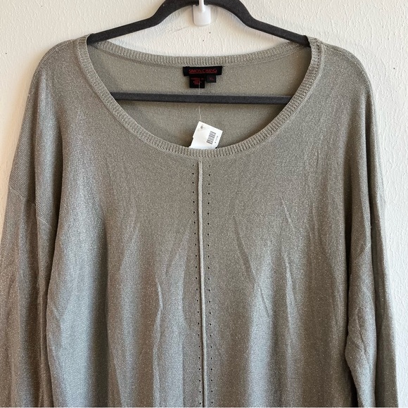 Simon Chang Sweater Silvery Gray Metallic Lightweight Tunic High-Low Knit XL NWT - Picture 2 of 12